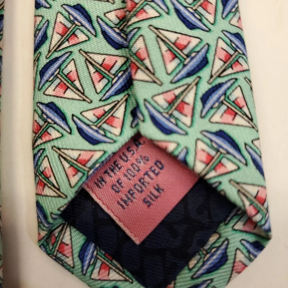 Vineyard Vines Silk Tie Blue Green Aqua Cyan Sailboat Print 3 3/8